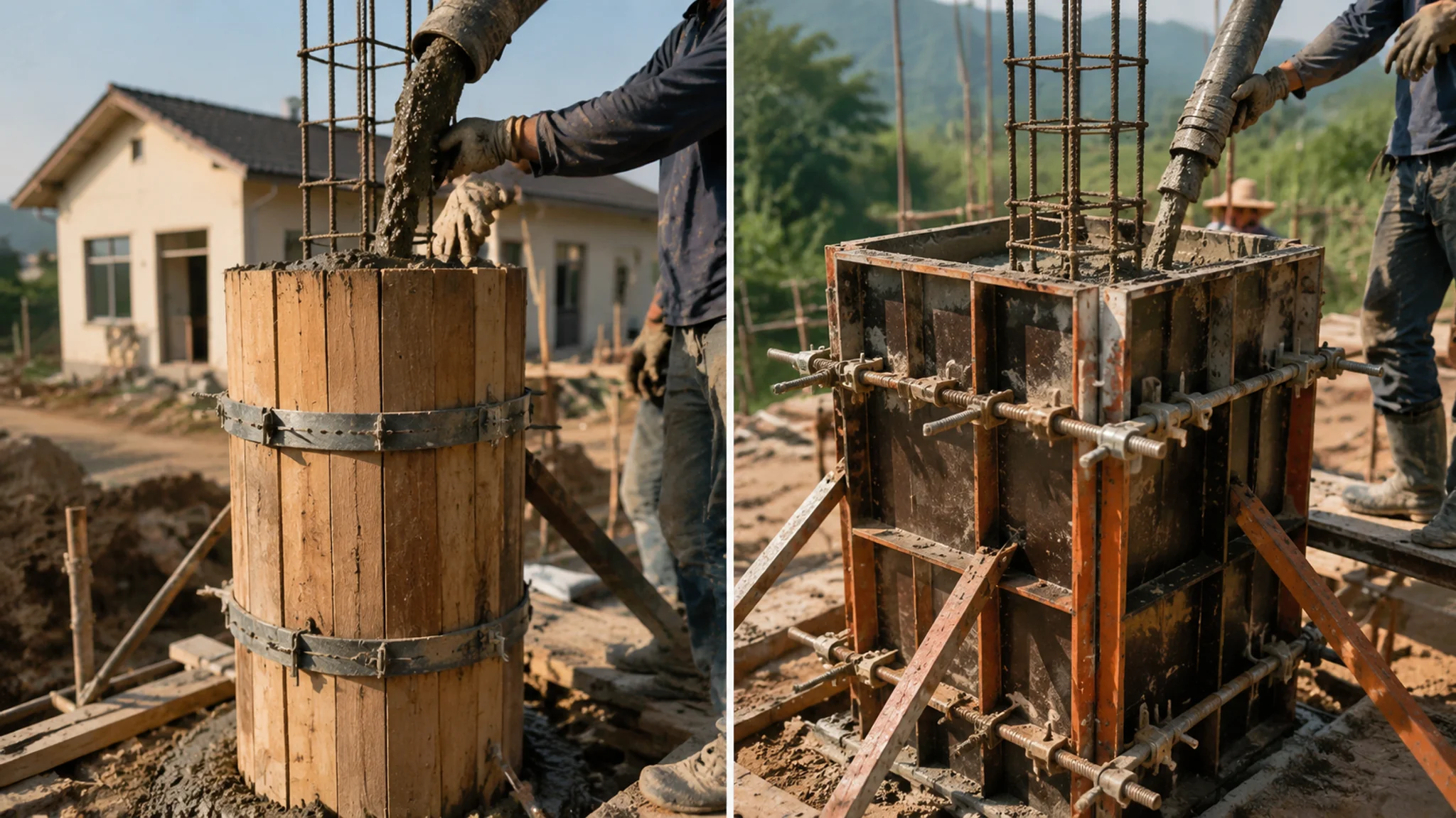 建房柱子模具怎么选？圆形方柱模板与现浇脱模的实操