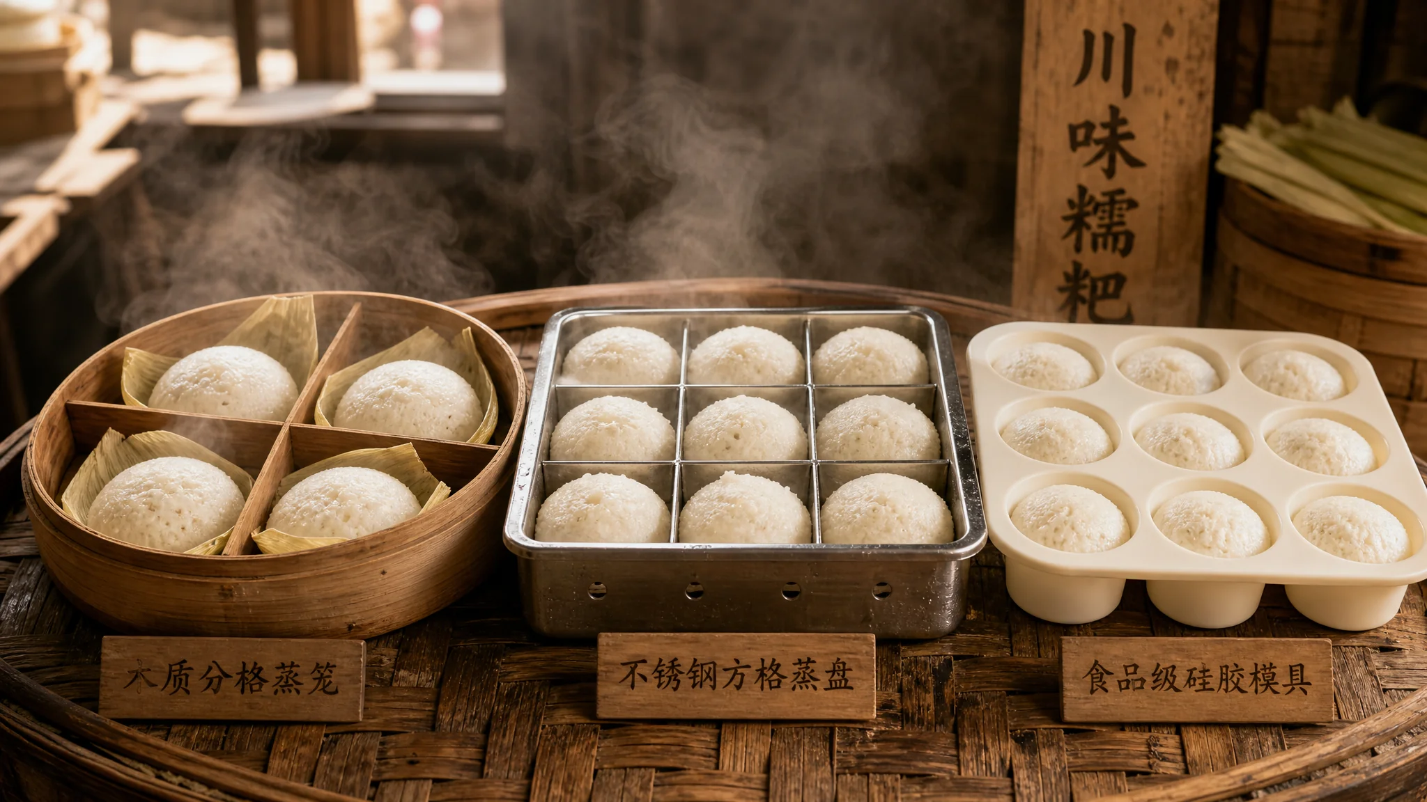 泡粑模具怎么选？木分隔蒸格、不锈钢方格与硅胶模实测