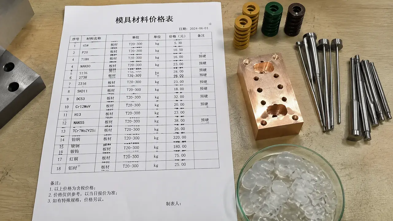模具材料价格表：模架硅胶铜料标准件全材料报价清单